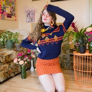 Vintage Blue 70s Geometric Print Sweater